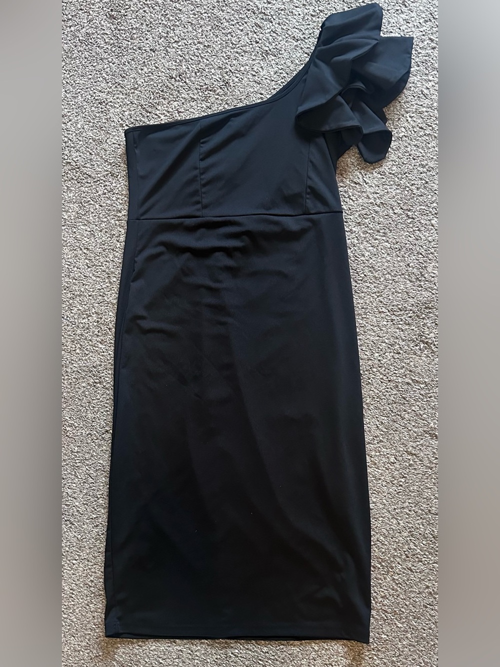 XL One-Shoulder Black Ruffle Midi Cocktail Dress